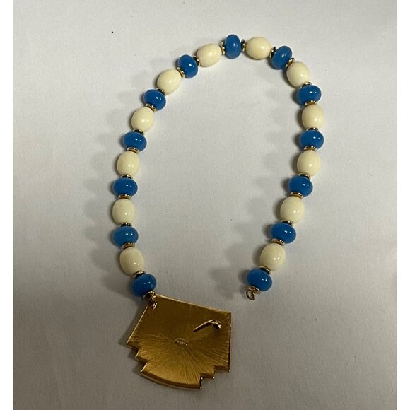 Trifari Aztec Geometric Necklace & Bracelet Set Gold Turquoise Blue Cream Enamel - Picture 4 of 7